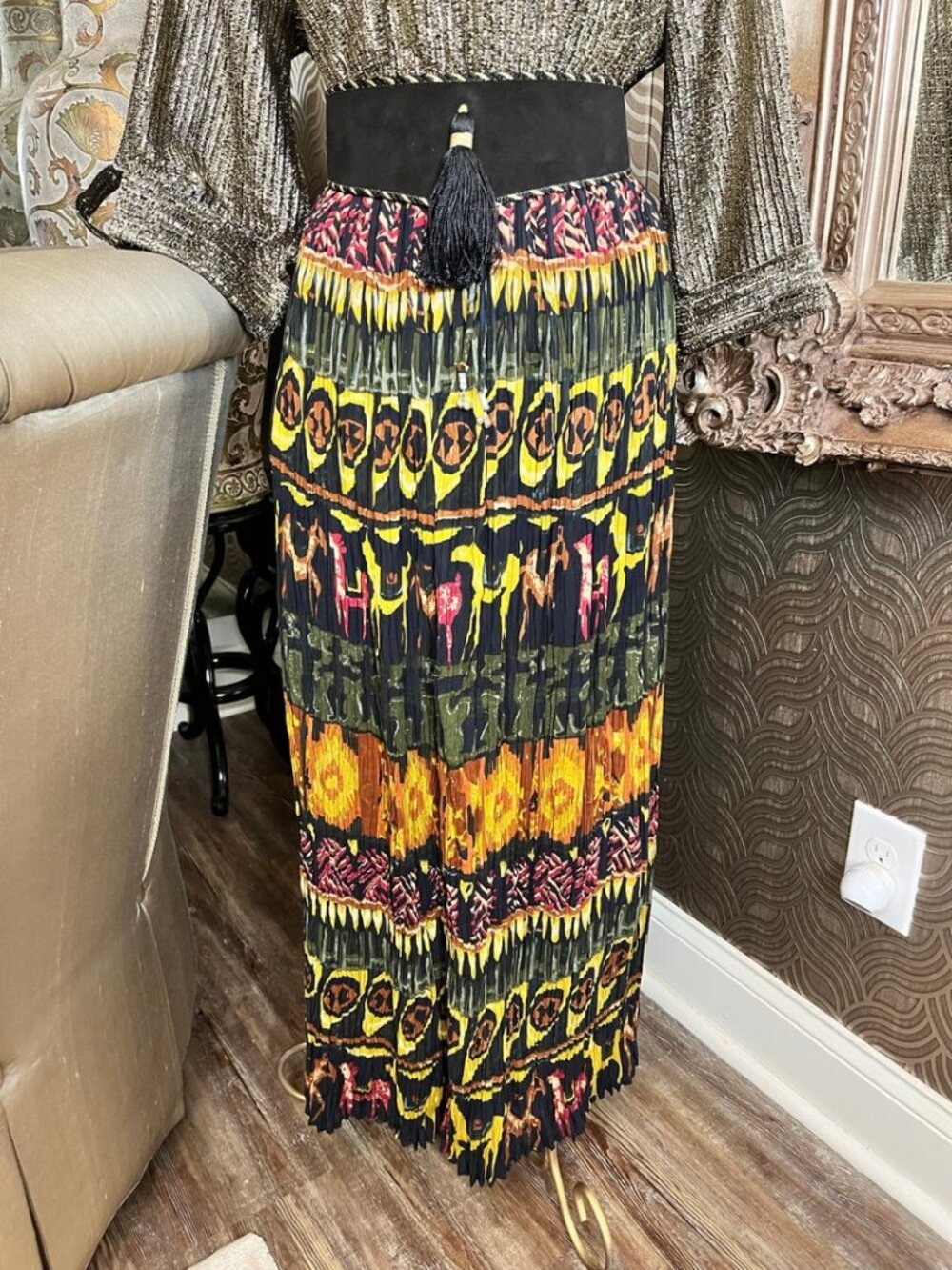 vintage 90s crinkle broomstick multi-colored geometric bohemian skirt